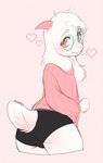 2_horns anthro black_clothing black_underwear blush butt clothed clothing eyewear fangs femboy floppy_ears fur glasses heart_eyes heart_symbol horn looking_at_viewer male pattern_background pink_clothing pink_eyes pink_horn pink_sweater pink_topwear simple_background solo sweater teeth topwear underwear white_body white_fur myoukky deltarune undertale_(series) ralsei bovid caprine goat mammal 2022 digital_media_(artwork) hi_res