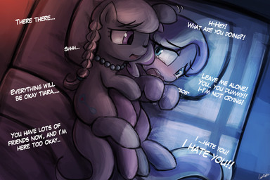 bed bedroom bird's-eye_view blue_eyes bodily_fluids crying duo ellipsis exclamation_point female feral fur furniture hair high-angle_view interrobang lying night on_side open_mouth purple_eyes question_mark spooning tears text young lumineko friendship_is_magic hasbro my_little_pony diamond_tiara_(mlp) silver_spoon_(mlp) earth_pony equid equine horse mammal pony 3:2 digital_media_(artwork) english_text restricted_palette