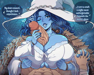 big_breasts biped blue_body breast_play breasts clothed clothing dialogue eyelashes female fingers front_view genitals hair hand_holding hat headgear headwear huge_breasts male multi_arm multi_limb not_furry penis pupils sex smile speech_bubble text thick_thighs titfuck topwear vein veiny_penis white_clothing witch_hat furanh elden_ring fromsoftware ranni_the_witch humanoid english_text hi_res