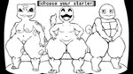 ambiguous_gender anthro belly big_butt breasts butt fat_legs fire flaming_tail group hair huge_butt looking_at_viewer looking_back not_furry open_mouth overweight plant shell simple_background slightly_chubby slightly_chubby_anthro smile tail teeth text thick_thighs tongue trio white_background wide_hips miglove nintendo pokemon bulbasaur charmander generation_1_pokemon humanoid pokemon_(species) reptile scalie squirtle black_and_white digital_media_(artwork) english_text hi_res line_art monochrome