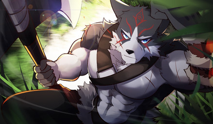 abs anthro axe blood bodily_fluids facial_tattoo grass lens_flare male motion_lines muscular muscular_male pecs plant solo tattoo wounded delax canid canine canis mammal wolf hi_res