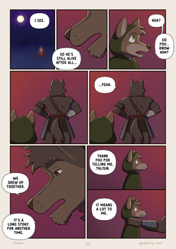 anthro armor back_muscles belt blush blush_lines bottomwear bracers brown_body brown_eyes brown_fur cloak close-up clothing dialogue duo eyebrow_piercing facial_piercing fur green_cloak green_clothing green_eyes hand_on_shoulder leather leather_strap male moon night page_number piercing rear_view sad sky speech_bubble straps tail tassets tent text wraps wrist_wraps ghosty_cult far_beyond_the_world_(series) erof_(far_beyond_the_world) talisin_(far_beyond_the_world) canid canine canis mammal wolf comic english_text hi_res multiple_scenes