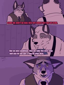 anthro blush clothed clothing dialogue duo fur hair humor male male/male parody scared smile smiling_at_another text white_body white_fur pinumontbalou echo_(series) echo_project the_smoke_room jim_sterling_(the_smoke_room) murdoch_byrnes canid canine canis fox mammal comic english_text hi_res