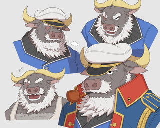 2_horns beard body_hair chest_hair clothed clothing eye_scar eyebrows facial_hair facial_scar hat headgear headwear horn male mustache object_in_mouth sailor_cap sailor_uniform scar smoking_pipe smoking_pipe_in_mouth thick_eyebrows uniform ororwide11 lifewonders tokyo_afterschool_summoners ahab_(tas) bovid bovine mammal true_buffalo water_buffalo 5:4 colored multiple_images