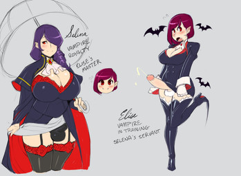big_breasts blush bodily_fluids breasts bulge clothed clothing cum cumshot duo ejaculation erection genital_fluids genitals gynomorph hair huge_breasts humanoid_pointy_ears intersex not_furry orgasm penis pointy_ears purple_hair red_eyes red_hair smile text tsudanym humanoid vampire english_text