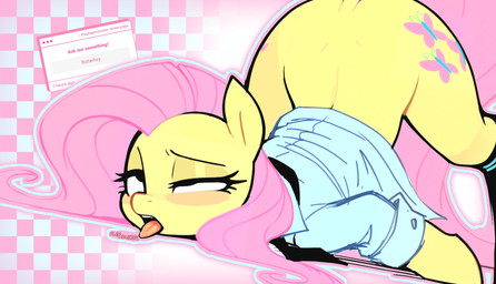 accessory ass_up bodily_fluids clothing cum female female_feral feral genital_fluids legwear necktie shirt solo stockings tongue tongue_out topwear plap_monster friendship_is_magic hasbro my_little_pony fluttershy_(mlp) equid equine horse mammal pony hi_res