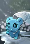 blue_body blue_eyes chibi raining umbrella seuppi mochikuma_(seuppi) bear humanoid mammal hi_res