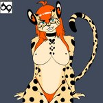 4-bit 4_fingers anthro big_breasts breasts collar female fingers fur grinning_at_viewer hair logo markings orange_hair simple_background spots spotted_body spotted_fur teal_eyes text awooboros tamii tamii_(awooboros) cheetah felid feline mammal 1:1 artist_logo artist_name digital_media_(artwork) pixel_(artwork) restricted_palette signature