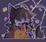 ambiguous_gender blue_eyes bone chibi facial_scar fangs footprint human_and_animal_ears inner_ear_fluff jack-o'-lantern multi_ear one_ear_up open_mouth pawprint pointy_ears prick_ears scar solo spider_web tail teeth tuft kinnencarnivaru nu:_carnival garu_(nu:_carnival) animal_humanoid canid canid_humanoid canine canine_humanoid humanoid mammal mammal_humanoid wolf_humanoid hi_res