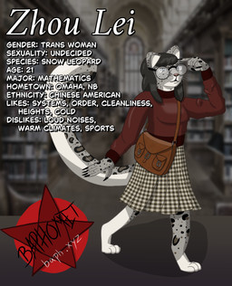 anthro bag blurred_background bottomwear clothed clothing eyewear female glasses hand_on_face skirt solo stated_adult stated_age walking wearing_glasses baphxyz lei_baphxyz felid mammal pantherine snow_leopard hi_res model_sheet trans_(lore) trans_woman_(lore)