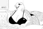 anthro big_breasts booth bra breasts cleavage clothed clothing curvy_figure female food fries fur greyscale hi_res hope_(wandwess) huge_breasts inside looking_at_viewer mammal marine markings monochrome open_mouth pinniped plate restaurant seal sketch smile solo spots spotted_body spotted_fur underwear wandwess