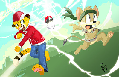 anthro blue_bottomwear blue_clothing blue_pants blue_sky bottomless bottomwear brown_body brown_fur clothed clothing day dipstick_ears duo ear_markings facial_spots fur glistening glistening_eyes green_eyes head_tuft jacket logo male markings multicolored_ears open_mouth open_smile outside pants pawpads pink_pawpads pokeball red_clothing red_jacket red_topwear sky smile spots spotted_face spotted_markings spotted_tail striped_markings striped_tail stripes tail tail_markings tan_body tan_fur topwear tuft white_body white_fur yellow_body yellow_fur young young_anthro young_male pandapaco nintendo pokemon salmy felid mammal mouse murid murine rodent artist_logo signature