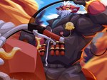 anthro clothing eyewear fur hair leather leather_clothing male motorcycle muscular muscular_anthro muscular_male red_body red_fur solo sunglasses tusks vehicle white_hair weawea100vn mihoyo zenless_zone_zero big_daddy_(zenless_zone_zero) mammal suid suine sus_(pig) wild_boar 4:3 absurd_res hi_res
