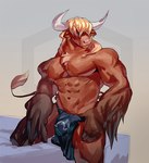 abs anthro big_muscles blonde_hair bottomwear brown_body brown_fur bulge clothed clothing ear_piercing ear_ring facial_piercing fur hair horn kneeling loincloth male mostly_nude muscular muscular_anthro muscular_male nose_piercing nose_ring omega_(letter) omega_symbol pecs piercing ring_piercing skimpy solo tail tail_tuft tuft sleepymute bovid bovine mammal