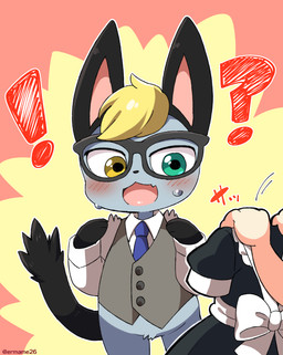 ambiguous_gender anthro black_body black_clothing black_ears black_fur black_nose black_tail blonde_hair blue_clothing blush bodily_fluids bottomless clothed clothing collared_shirt cute_fangs disembodied_hand duo eyewear faceless_ambiguous faceless_character fangs featureless_crotch fur glasses green_eyes grey_body grey_clothing grey_fur hair heterochromia holding_object interrobang maid_uniform male male_anthro necktie onomatopoeia open_mouth paws pink_background shirt simple_background solo_focus sound_effects sweat tail teeth text tongue topwear uniform vest wearing_glasses white_clothing yellow_background yellow_eyes eromame animal_crossing nintendo raymond_(animal_crossing) villager_(animal_crossing) domestic_cat felid feline felis human mammal 2020 digital_media_(artwork) japanese_text signature translated