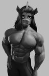 1_horn anthro horn male muscular muscular_male nipples shirtless solo unicorn_horn morethreedee friendship_is_magic gigachad hasbro my_little_pony mythology king_sombra_(mlp) equid equine mammal mythological_creature mythological_equine unicorn 3d_(artwork) digital_media_(artwork) greyscale monochrome