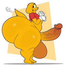 anthro balls big_balls big_butt big_penis black_eyes bottomless butt clothed clothing erection genitals gloves handwear huge_balls huge_butt huge_hips huge_penis huge_thighs hyper hyper_balls hyper_butt hyper_genitalia hyper_hips hyper_penis hyper_thighs looking_at_viewer male penis red_clothing red_shirt red_t-shirt red_topwear shirt solo t-shirt thick_thighs topwear white_clothing white_gloves white_handwear wide_hips yellow_body jacky-arts glitch_productions the_amazing_digital_circus scratch_(tadc) canid canine canis domestic_dog mammal 1:1 hi_res