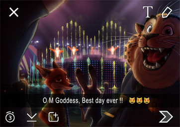 anthro camera_view clothed clothing concert excited female fur grey_body grey_fur group looking_at_viewer male markings open_mouth open_smile orange_body orange_fur selfie size_difference smile spots spotted_body spotted_fur text yellow_body yellow_fur 紅月 disney snapchat zootopia benjamin_clawhauser chief_bogo gazelle_(zootopia) judy_hopps nick_wilde tiger_dancer_(zootopia) antelope bovid canid canine cheetah felid feline fox gazelle lagomorph leporid mammal pantherine rabbit red_fox tiger true_fox english_text