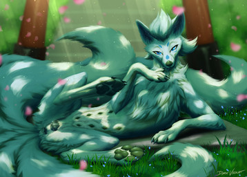 4_toes animal_genitalia animal_vulva anus black_pawpads blue_eyes bodily_fluids butt canine_genitalia canine_vulva claws digitigrade feet female female_feral feral finger_claws forest fur genital_fluids genitals hair looking_at_viewer multi_tail nipples outside pawpads paws plant smile solo spread_legs spreading tail teats toe_claws toes tree vaginal_fluids vulva white_body white_fur white_tail dark_violet nintendo pokemon zoey_(zoeyleafy) canid canine generation_1_pokemon mammal ninetales pokemon_(species) 2026 digital_drawing_(artwork) digital_media_(artwork) hi_res shaded