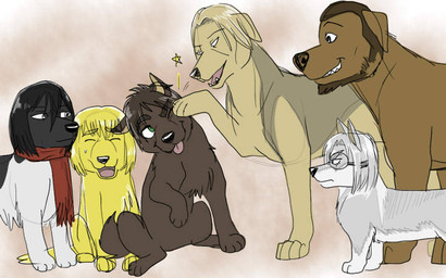 black_body black_fur black_hair blonde_hair bodily_fluids brown_body brown_fur brown_hair eyes_closed eyewear feral feral_with_hair feralized fur glasses green_eyes grey_body grey_eyes grey_fur group hair multicolored_body multicolored_fur sweat tan_body tan_fur white_body white_fur yellow_body yellow_fur young mizzkie attack_on_titan armin_arlert eren_jaeger ian_dietrich mikasa_ackerman mitabi_jarnach rico_brzenska broholmer canid canine canis domestic_dog mammal spitz swedish_vallhund 16:10 2013 widescreen