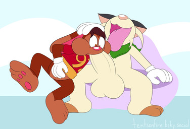 3_toes 4_fingers anthro balls big_penis big_tongue cartoon_gloves duo feet fingers genitals head_push headpat huge_penis hyper hyper_genitalia hyper_penis male male/male oral pawpads paws penis penis_in_mouth pink_tongue relaxed_expression sack sitting soles toes tongue tongue_out toony tentsonfire nintendo pokemon meowth_tents(tentsonfire) roderick_(tamerkoh) tents_(tentsonfire) toon_meowth_tents_(tentsonfire) generation_1_pokemon lagomorph leporid mammal meowth pokemon_(species) rabbit hi_res