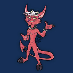 3_fingers anthro biped bracelet chest_tuft claws cloven_hooves collar damaged ear_piercing fangs fingers front_view gesture green_eyes grin hair hand_gesture hooves horn jewelry long_tail looking_at_viewer male markings not_furry piercing pointing pose red_body red_skin scar sharp_teeth skinny smile smirk solo spade_tail spiked_bracelet spiked_collar spikes standing striped_markings striped_tail stripes tail tail_markings teeth tongue tongue_out tuft white_hair yellow_eyes yellow_sclera lachendesreh radstagart demon humanoid imp 1:1 2025 alpha_channel digital_drawing_(artwork) digital_media_(artwork) full-length_portrait hi_res portrait signature