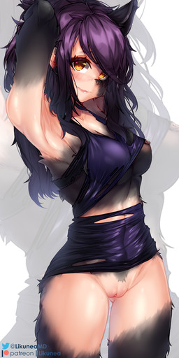 amber_eyes anthro bangs black_body black_fur black_hair black_tail blunt_bangs blush bodily_fluids bottomless breasts clothed clothing countershade_torso countershading female fur genitals hair long_hair looking_at_viewer looking_pleasured looking_up multicolored_body multicolored_fur naughty_face nipples simple_background smile solo tail two_tone_body two_tone_fur vulva likunea mythology canid canine canis mammal mythological_canine mythological_creature werecanid werecanine werecreature werewolf wolf digital_media_(artwork)