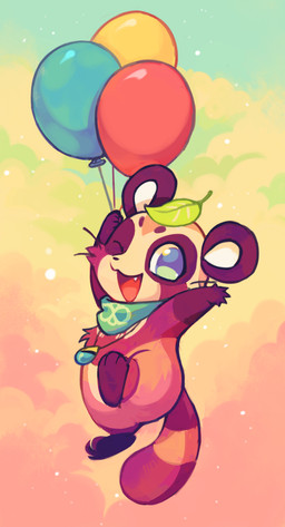 3_toes 5_fingers ambiguous_gender balloon brown_body brown_fur cheek_tuft cloud cute_fangs facial_tuft fangs feet feral fingers floating flying fur gem half-closed_eyes inflatable jewelry kerchief leaf looking_at_viewer narrowed_eyes necklace open_mouth paws red_body red_fur sky solo tan_body tan_fur teeth toes tongue tuft wave extyrannomon_(artist) 2016 hi_res