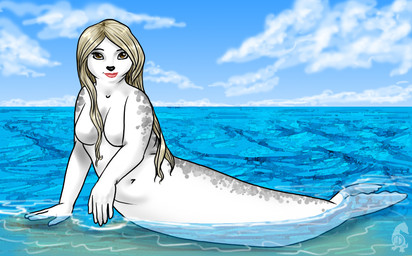 anthro black_nose blonde_hair blue_sky breasts brown_eyes cloud eyebrows featureless_breasts female grey_body hair humanoid_face lips lipstick long_hair looking_at_viewer makeup navel partially_submerged red_lips red_lipstick sea sky slightly_chubby smile solo split_form water white_body odduckoasis aquatic leopard_seal mammal merfolk merseal pinniped seal 2009 watermark