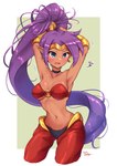 bandeau blue_eyes breasts brown_body brown_skin clothing crown ear_piercing ear_ring female hair headgear humanoid_pointy_ears long_hair not_furry open_mouth piercing pointy_ears ponytail purple_hair ring_piercing simple_background solo tiara topwear wata-ridley shantae_(series) wayforward shantae genie humanoid 2022 absurd_res hi_res signature