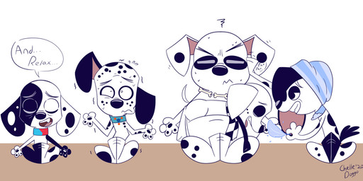 black_ears black_nose black_spots clothing feral freckled_face freckles fur group male markings pattern_clothing pattern_scarf scarf spots spotted_body spotted_fur striped_clothing striped_scarf stripes trio white_body white_fur chelledoggo 101_dalmatian_street 101_dalmatians disney dan_(bubbledgun) dawkins_(101_dalmatians) deepak_(101_dalmatians) demmi_(bubbledgun) dezzi_(bubbledgun) fan_character canid canine canis dalmatian domestic_dog mammal hi_res