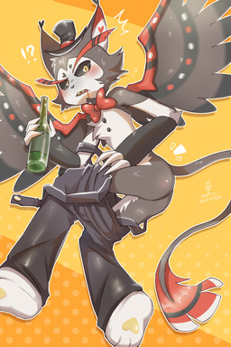 anthro arm_tuft beer_bottle biped black_body black_fur black_sclera blush blush_lines bottle bottomwear bottomwear_down bow_tie bubble butt cheek_tuft chest_tuft claws clothed clothing container cute_fangs drunk drunk_bubble eyebrows facial_tuft fangs feet fur hat headgear headwear heart_(marking) heart_symbol holding_object looking_at_viewer lying male markings multicolored_body multicolored_fur on_side pants pants_down partially_clothed red_body simple_background solo substance_intoxication suspenders teeth top_hat tuft white_body white_fur wings yellow_background yellow_eyes bananana8729 hazbin_hotel hellaverse husk_(hazbin_hotel) demon domestic_cat felid feline felis mammal colored hi_res signature