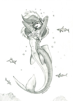 anthro breasts bubble clothing collar female fur hair navel open_mouth shirt solo split_form tank_top topwear under_boob underwater water baron_engel rosemary_parker_(character) aquatic fish hybrid mammal mephitid shark skunk 2025 graphite_(artwork) greyscale hi_res monochrome traditional_media_(artwork)