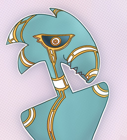 ambiguous_gender anthro armless blue_body blue_eyes gold_(metal) looking_at_viewer narrowed_eyes outline pattern_background pattern_body sharp_teeth shoulders_up simple_background smile teeth white_eyes white_outline thecharharr ambiguous_species avian colored_line_art hi_res icon