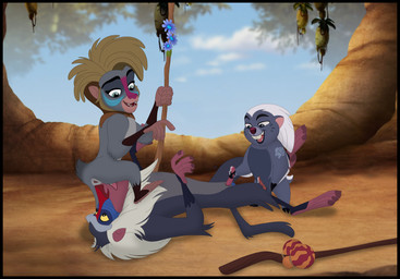animal_genitalia balls bisexual black_border bodily_fluids border erection feet female feral genitals group male male/female male/male penis prehensile_feet sex smile toes vulva young young_female young_feral young_male kaion disney the_lion_guard the_lion_king bunga makini rafiki badger haplorhine honey_badger mammal mandrill monkey mustelid musteline old_world_monkey primate hi_res
