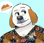 anthro blue_background brown_ears clothing dialogue eyebrows floppy_ears food front_view fur glistening glistening_eyes looking_away male multicolored_clothing multicolored_shirt multicolored_topwear open_mouth pasta raised_eyebrow shirt shirt_design simple_background solo spaghetti topwear whisker_spots white_body white_fur p_rindustries canid canine canis domestic_dog mammal bust_portrait hi_res portrait shaded