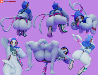 abs anthro balls big_butt big_penis black_nose blue_clothing blue_hoodie blue_topwear butt closed_smile clothing crouching cybernetic_hand cybernetics empty_eyes fangs footwear forked_tail fur furgonomic_hoodie furgonomics genitals hand_behind_head hoodie looking_at_viewer looking_back looking_back_at_viewer machine male mouth_closed multicolored_hoodie navel notched_ear pantsless_anthro pantsless_male penis pink_inner_ear purple_background red_body red_fur shoes simple_background smile solo tail teeth tongue tongue_out topwear topwear_lift unusual_anatomy unusual_tail whiskers white_body white_clothing white_fur white_hoodie white_topwear yellow_eyes camseven asian_mythology east_asian_mythology epic_games fortnite japanese_mythology mythology nyanja_(fortnite) domestic_cat felid feline felis mammal nekomata yokai 3d_(artwork) digital_media_(artwork) hi_res