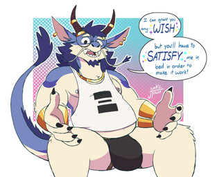 anthro armlet belly belly_peeking_out blue_body blue_fur bulge clothing eyewear fur glasses gold_(metal) gold_jewelry horn jewelry jockstrap looking_at_viewer male nipple_piercing nipples piercing round_glasses slightly_chubby slightly_chubby_male solo spread_legs spreading tail talking_to_viewer text underwear junkztown mythology zederick_(junkztown) dragon eastern_dragon furred_dragon furred_scalie luck_dragon mythological_creature mythological_scalie scalie english_text hi_res