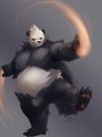 2018 3:4 anthro bear belly black_body black_fur bulge featureless_crotch flowamai fur generation_6_pokemon grey_background hi_res humanoid_hands leaf male mammal nintendo nude overweight overweight_anthro overweight_male pangoro pokemon pokemon_(species) simple_background solo white_body white_fur