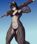 abs anthro biceps bikini bikini_bottom bikini_top breasts clothing dark_hair female gradient_background looking_at_viewer melee_weapon muscular muscular_female nipple_outline purple_eyes simple_background smile solo standing stripes swimwear sword two-piece_swimsuit under_boob weapon za-owl elwyna_(za-owl) domestic_cat felid feline felis mammal absurd_res hi_res