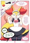 absurd_res ambiguous_gender anthro arms_bent blush braixen cheek_tuft clothed clothing color_coded color_coded_text comic cute_fangs dark_text dialogue dress ellie_the_braixen english_text eyelashes eyes_closed facial_tuft fur generation_6_pokemon green_text heart_after_signature heart_before_signature heart_in_signature heart_symbol hi_res inner_ear_fluff linked_speech_bubble maid_uniform male_(lore) multicolored_body multicolored_fur name_drop name_in_dialogue nikkibunn nintendo number offscreen_character open_mouth page_number pink_background pokemon pokemon_(species) purple_text raised_hand red_body red_fur signature simple_background solo speech_bubble text text_with_heart tuft uniform white_body white_fur yellow_body yellow_fur