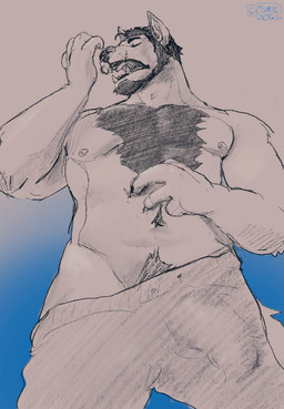 anthro areola beard biped body_hair bottomwear bulge chest_hair claws clothed clothing covering covering_mouth covering_own_mouth covering_self detailed_bulge erection erection_under_clothing eyes_closed facial_hair fangs finger_claws fluffy fluffy_tail front_view genital_outline gradient_background low-angle_view male muscular muscular_anthro muscular_male mustache navel nipples open_mouth pants pants_only pecs penis_outline pointy_ears prick_ears pubes pubes_exposed scratching scratching_belly scratching_self sharp_teeth simple_background solo sweatpants tail teeth tongue_showing topless yawn cosmic_dog socially_awkward garth_warrick canid canine canis mammal wolf 2023 digital_media_(artwork) hi_res signature sketch
