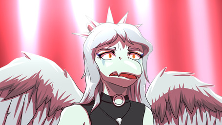 anthro biped black_clothing black_topwear blue_body bone bone_frill clothed clothed_anthro clothing collar feathered_wings feathers female frill_(anatomy) front_view frown grey_body grey_feathers grey_hair hair jewelry long_hair looking_forward necklace open_frown open_mouth orange_eyes skull solo spiked_collar spikes topwear wings fuegosonic93 goodbye_volcano_high ko_op_(game_developer) fang_(gvh) prehistoric_species pterosaur reptile scalie 16:9 bust_portrait colored digital_media_(artwork) hi_res portrait shaded widescreen