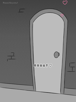 anthro brick brick_wall door heart_symbol offscreen_character offscreen_penetration offscreen_sex onomatopoeia out_of_frame simple_background sound_effects speech_bubble text wall_(structure) zero_pictured peachboysmut deltarune undertale_(series) kris_dreemurr ralsei human mammal animated comic greyscale hi_res monochrome