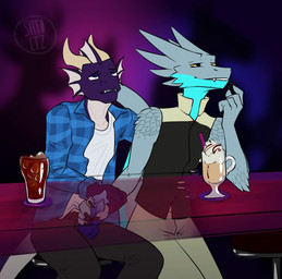 alcohol anthro bar beverage blue_body blue_penis claws clothed clothing cocktail duo genitals grey_body hand_holding horn male male/male masturbation penis public public_exposure public_masturbation shirt smile smiling_at_another smiling_at_partner tail topwear shtoltz mythology drayk_dagger pollard dragon lizard mythological_creature mythological_scalie reptile scalie 2d_animation animated hi_res loop motion_tweening no_sound short_playtime webm