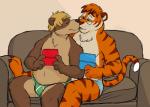 anthro blonde_hair briefs brown_body brown_fur chest_tuft clothed clothing cuddling duo electronics eyes_closed eyewear fur game_console glasses green_eyes hair kissing male male/male navel orange_body orange_fur orange_hair overweight sitting stripes topless tuft underwear opturk nintendo nintendo_ds nintendo_ds_family burrbles october_tiger bear felid mammal pantherine tiger