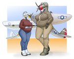 aircraft anthro belly big_belly big_breasts blue_clothing blue_eyes bottomwear breasts brown_clothing button_(fastener) chrome_body clothing denim denim_bottomwear denim_clothing duo female green_body jeans looking_at_viewer machine markings necktie pants purple_eyes red_clothing size_difference slightly_chubby slightly_chubby_female straining_buttons striped_markings stripes sweater tan_clothing topwear uniform vehicle wide_hips world_war_2 ndragon3 charlotte_(panzerschreckleopard) mabel_(panzerschreckleopard) aircraft_humanoid living_aircraft living_machine living_vehicle p-35 p-47 p-47_thunderbolt 2025 5:4 absurd_res colored hi_res daughter_(lore) mother_(lore) mother_and_child_(lore) mother_and_daughter_(lore) parent_(lore) parent_and_child_(lore) parent_and_daughter_(lore)