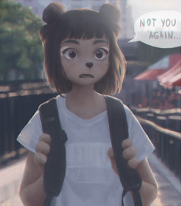 4_fingers anthro backpack blush brown_body brown_eyes brown_fur brown_hair clothed clothing detailed_background dialogue female female_anthro fingers fur hair open_mouth outside photorealism realistic shirt short_hair solo speech_bubble t-shirt teeth text topwear terry_grimm bear mammal 2019 english_text