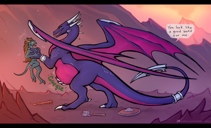 abdominal_bulge accessory ambiguous_gender ambiguous_prey anthro arm_ring axe belly big_belly black_bars blade_tail bodily_fluids brown_hair club_(weapon) female feral furgonomics grabbing_another green_body group gurgle_(sound_effect) hair hand_on_belly horn jewelry larger_feral larger_pred lifting_another long_hair long_tail melee_weapon membrane_(anatomy) membranous_wings mountain muffled multi_horn neck_spikes on_hind_legs open_mouth outside purple_body ring rumbling_stomach saliva scared sharp_teeth shield size_difference sky smaller_anthro tail tail_accessory tail_jewelry tail_ring teeth text tongue tongue_out trio unseen_prey vore weapon weapon_on_ground wings darkdraconica activision mythology spyro_the_dragon cynder dragon kobold mythological_creature mythological_scalie scalie digital_media_(artwork) english_text hi_res letterbox url
