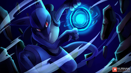 ambiguous_gender anthro attack aura aura_sphere big_ears close-up fur glowing long_ears looking_at_viewer nude patreon_logo pokemon_move red_eyes solo spikes spread_legs spreading text nurinaki nintendo patreon pokemon canid canine generation_4_pokemon lucario mammal pokemon_(species) 2017 url